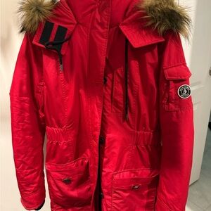 Abercrombie & Fitch Red Puffer Jacket with Fur Trim
